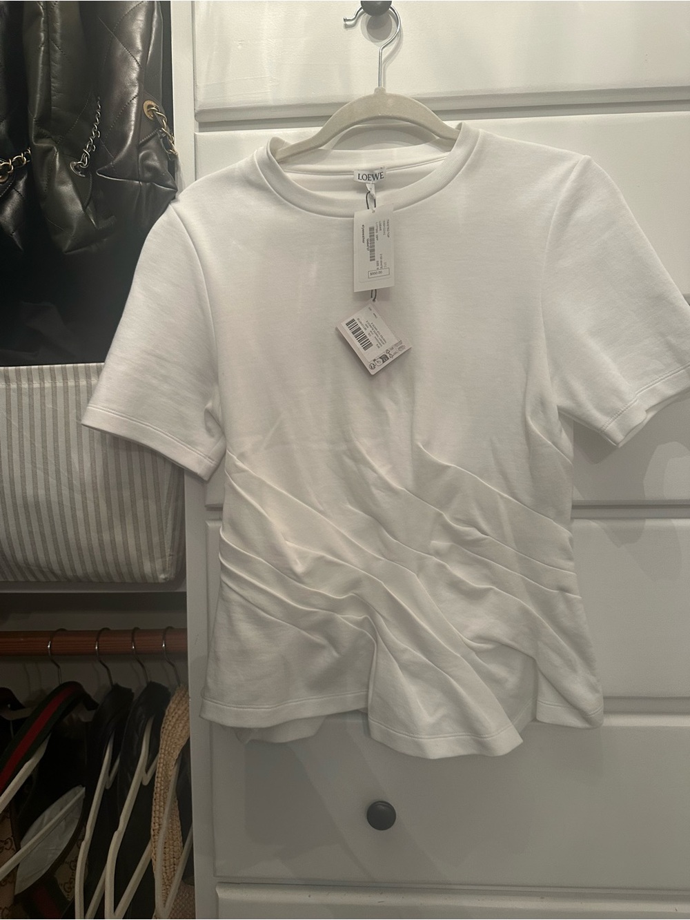 Loewe White Short-Sleeve Pleated Crewneck T-Shirt